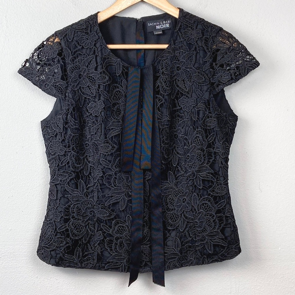 Sachin & Babi Noir Lace Top Est Size M Floral Lace Overlay Zip Back Evening Glam